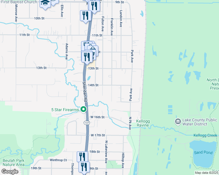 map of restaurants, bars, coffee shops, grocery stores, and more near 1401 Fulton Avenue in Winthrop Harbor