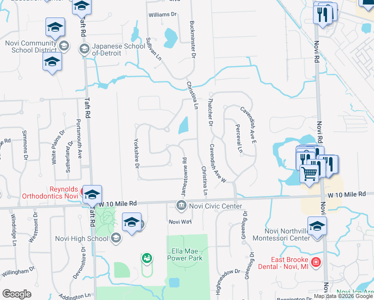 map of restaurants, bars, coffee shops, grocery stores, and more near 24525 Jamestowne Road in Novi