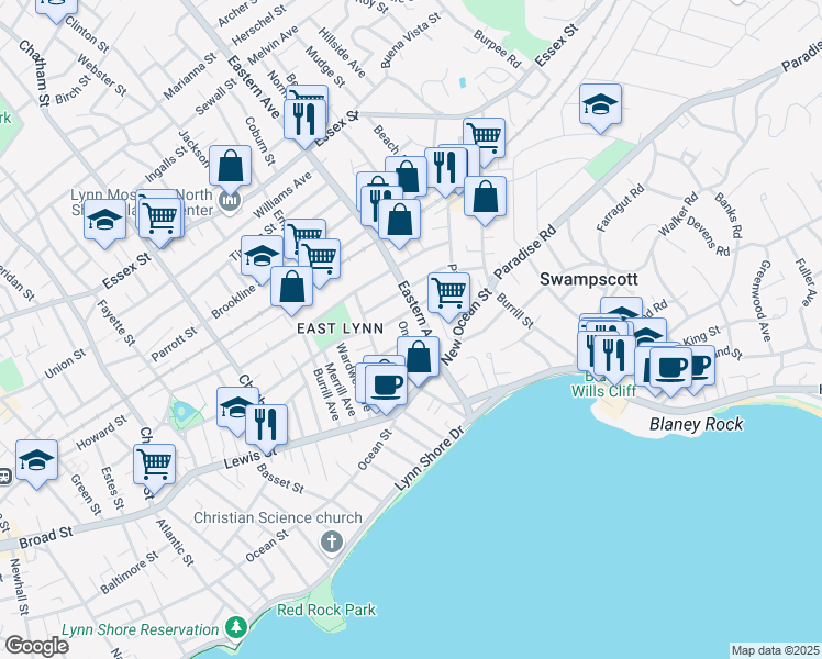 map of restaurants, bars, coffee shops, grocery stores, and more near 37 Oneida Street in Lynn