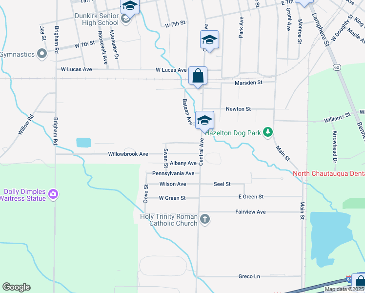 map of restaurants, bars, coffee shops, grocery stores, and more near 25 New York Avenue in Dunkirk