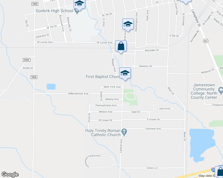 map of restaurants, bars, coffee shops, grocery stores, and more near 25 New York Avenue in Dunkirk