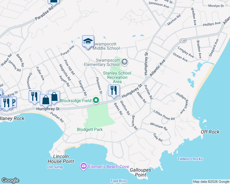 map of restaurants, bars, coffee shops, grocery stores, and more near 63 Kensington Lane in Swampscott