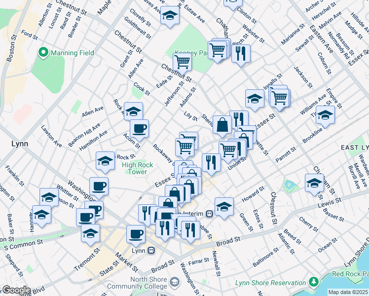map of restaurants, bars, coffee shops, grocery stores, and more near 28 Essex Circle in Lynn