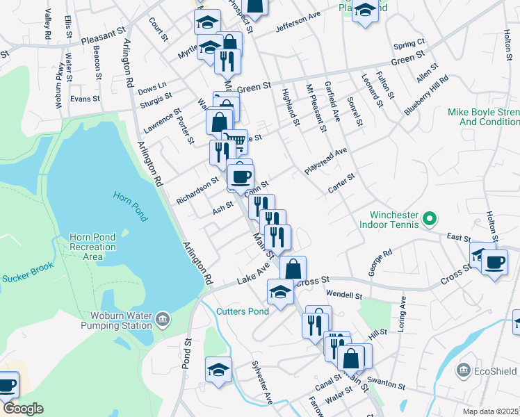 map of restaurants, bars, coffee shops, grocery stores, and more near 7 Vining Court in Woburn