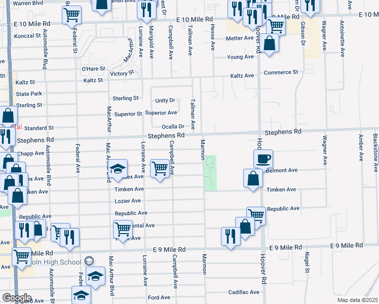 map of restaurants, bars, coffee shops, grocery stores, and more near 11280 Chapp Avenue in Warren