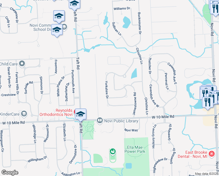 map of restaurants, bars, coffee shops, grocery stores, and more near 24715 Jamestowne Road in Novi