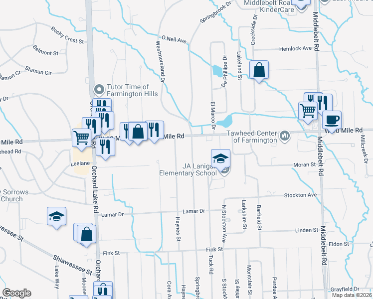 map of restaurants, bars, coffee shops, grocery stores, and more near 24013 Springbrook Drive in Farmington Hills
