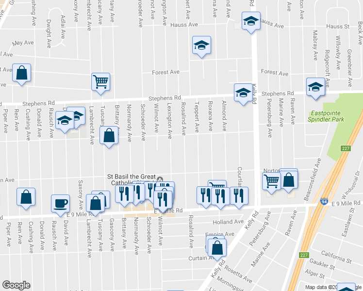 map of restaurants, bars, coffee shops, grocery stores, and more near 23335 Rosalind Avenue in Eastpointe