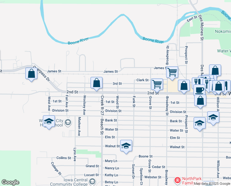 map of restaurants, bars, coffee shops, grocery stores, and more near 1212 2nd Street in Webster City