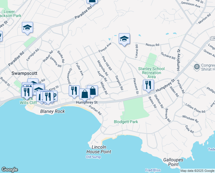 map of restaurants, bars, coffee shops, grocery stores, and more near 86 Aspen Road in Swampscott
