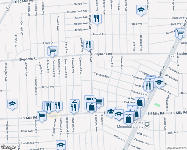 map of restaurants, bars, coffee shops, grocery stores, and more near 23040 Hayes Ave in Eastpointe