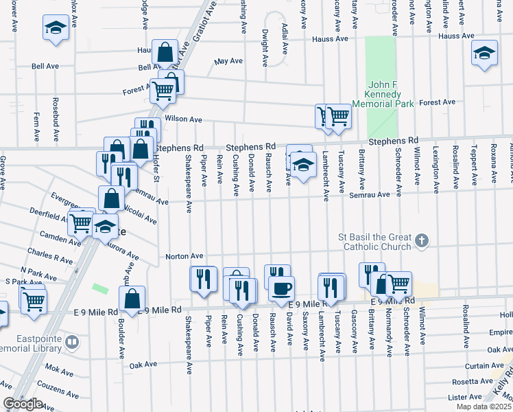 map of restaurants, bars, coffee shops, grocery stores, and more near 23156 Donald Avenue in Eastpointe