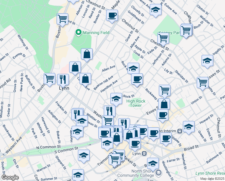 map of restaurants, bars, coffee shops, grocery stores, and more near 15 Herbert Street in Lynn