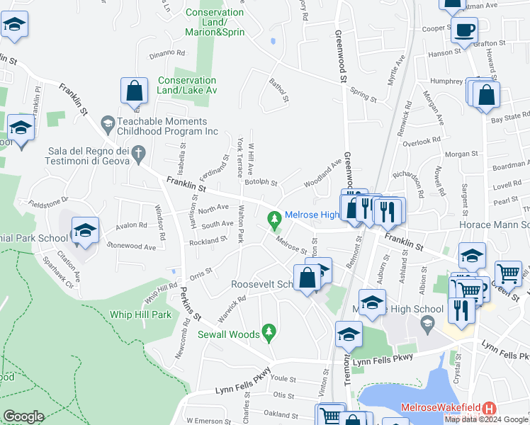 map of restaurants, bars, coffee shops, grocery stores, and more near 890-892 Franklin Street in Melrose