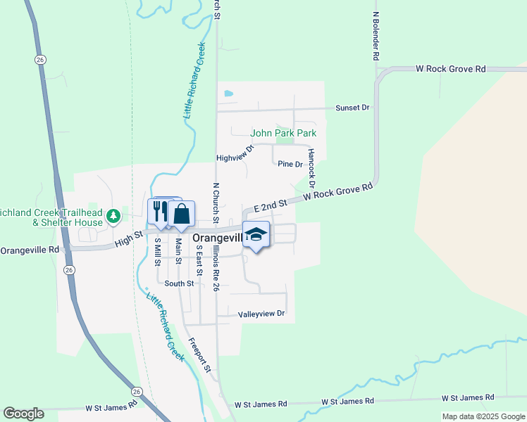 map of restaurants, bars, coffee shops, grocery stores, and more near 207 East 2nd Street in Orangeville