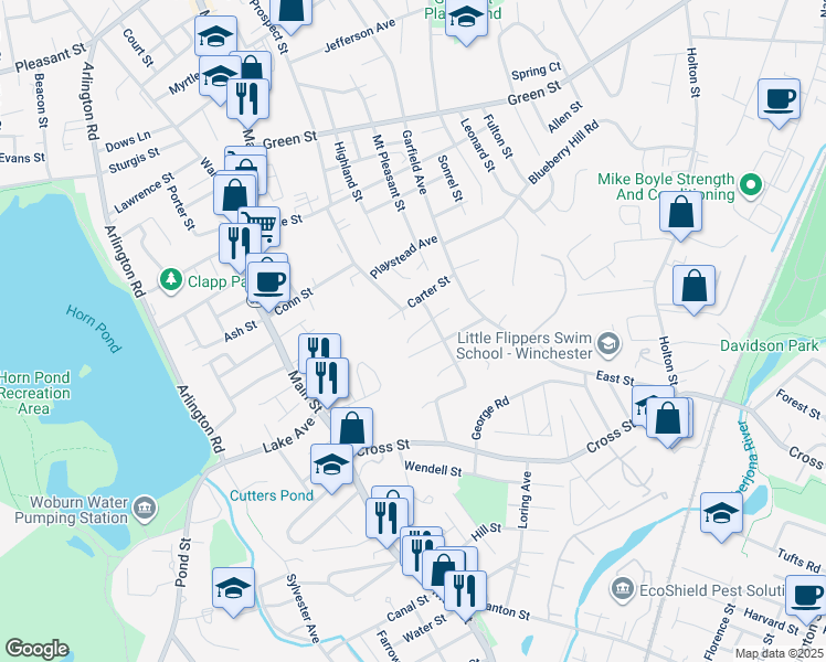 map of restaurants, bars, coffee shops, grocery stores, and more near 5 Abbott Court in Woburn