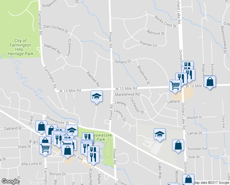 map of restaurants, bars, coffee shops, grocery stores, and more near 32380 Marblehead Road in Farmington
