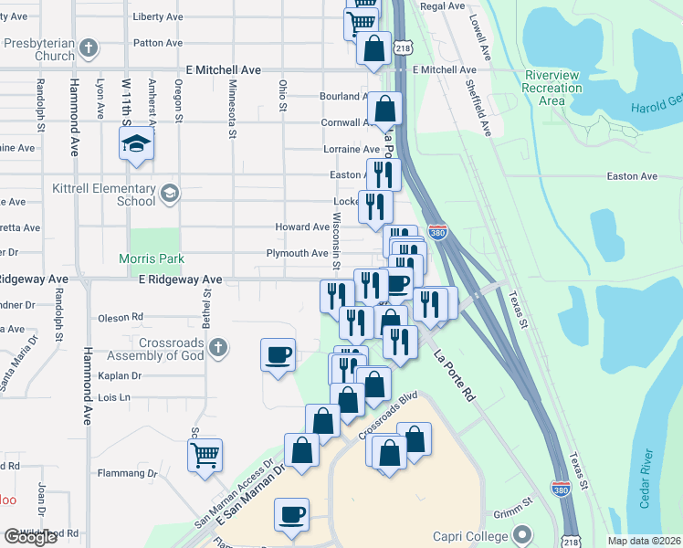 map of restaurants, bars, coffee shops, grocery stores, and more near 1901 East Ridgeway Avenue in Waterloo