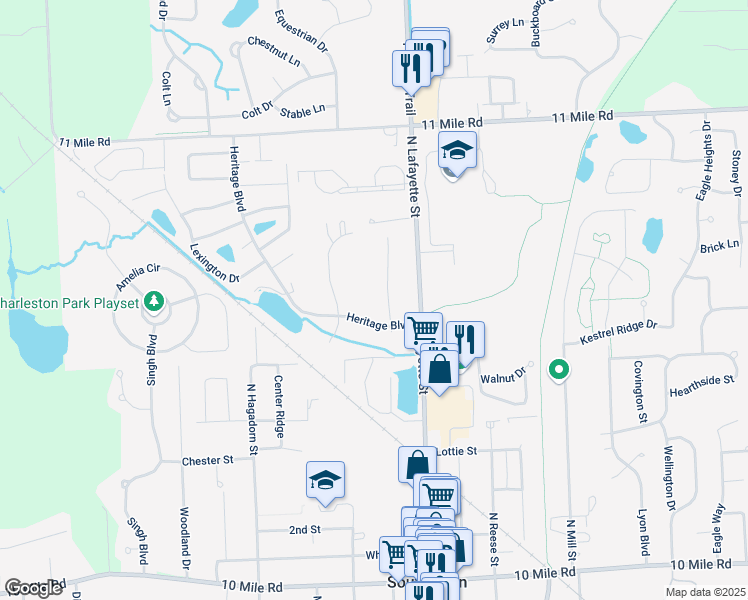 map of restaurants, bars, coffee shops, grocery stores, and more near 25147 Franklin Terrace in South Lyon