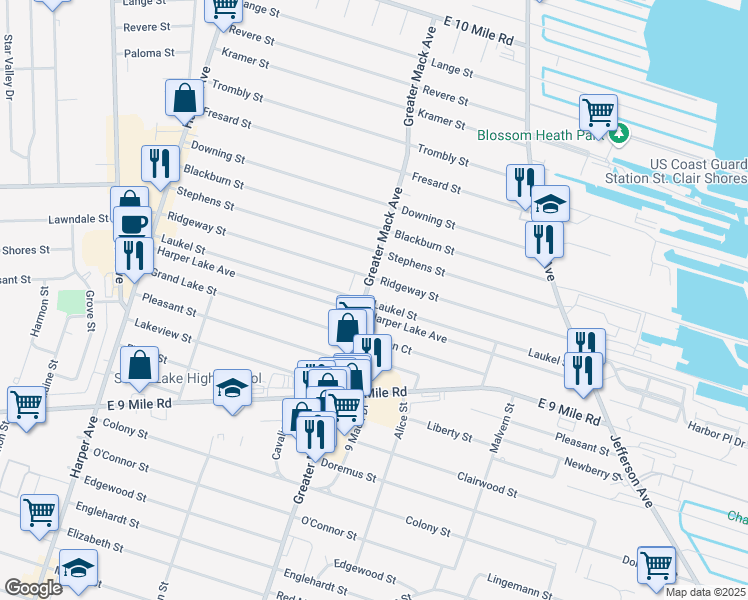 map of restaurants, bars, coffee shops, grocery stores, and more near 24006 Greater Mack Avenue in St. Clair Shores