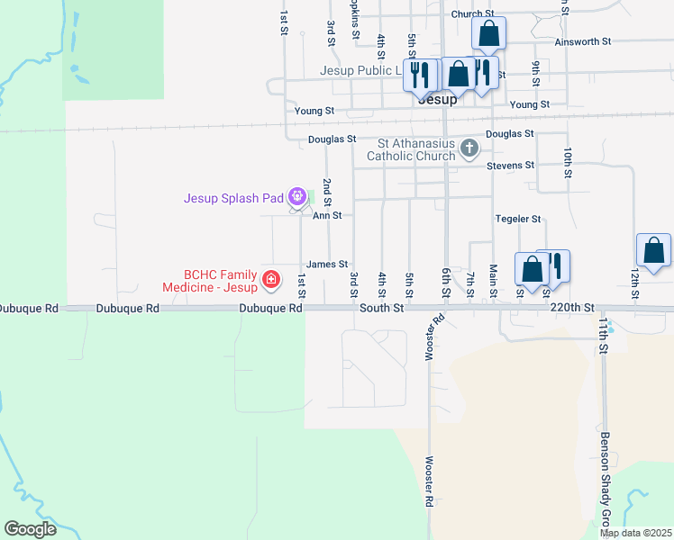 map of restaurants, bars, coffee shops, grocery stores, and more near 244 James Street in Jesup