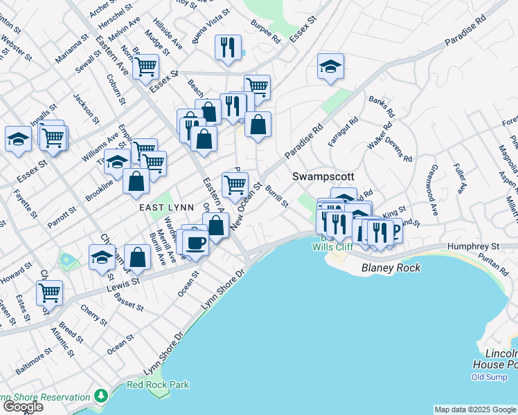 map of restaurants, bars, coffee shops, grocery stores, and more near 29 Rock Avenue in Swampscott