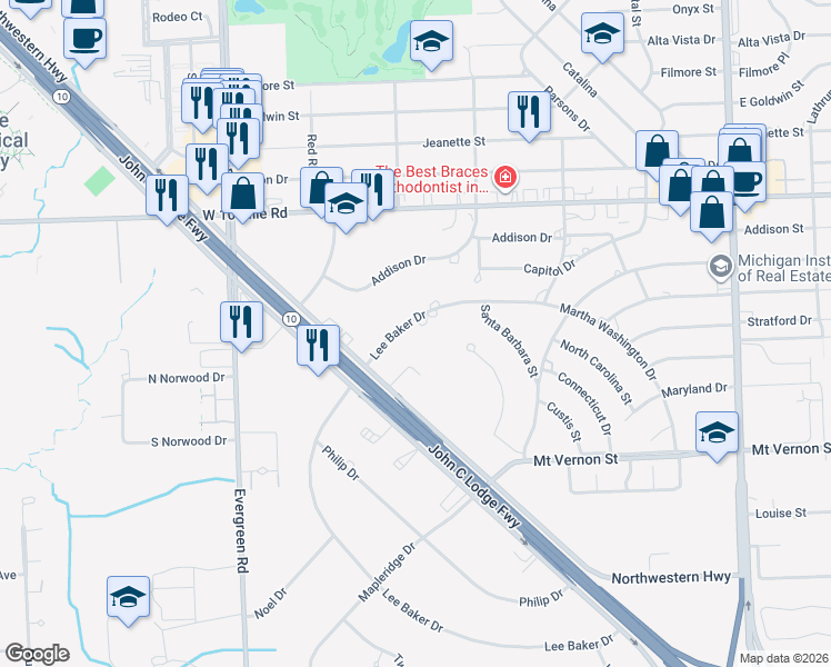 map of restaurants, bars, coffee shops, grocery stores, and more near 24530 Lee Baker Drive in Southfield