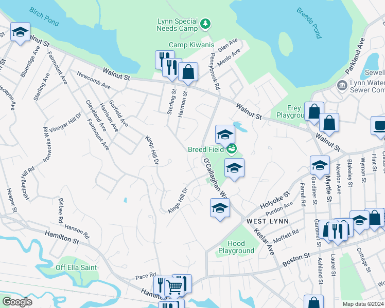 map of restaurants, bars, coffee shops, grocery stores, and more near 14 Osborne Street in Lynn