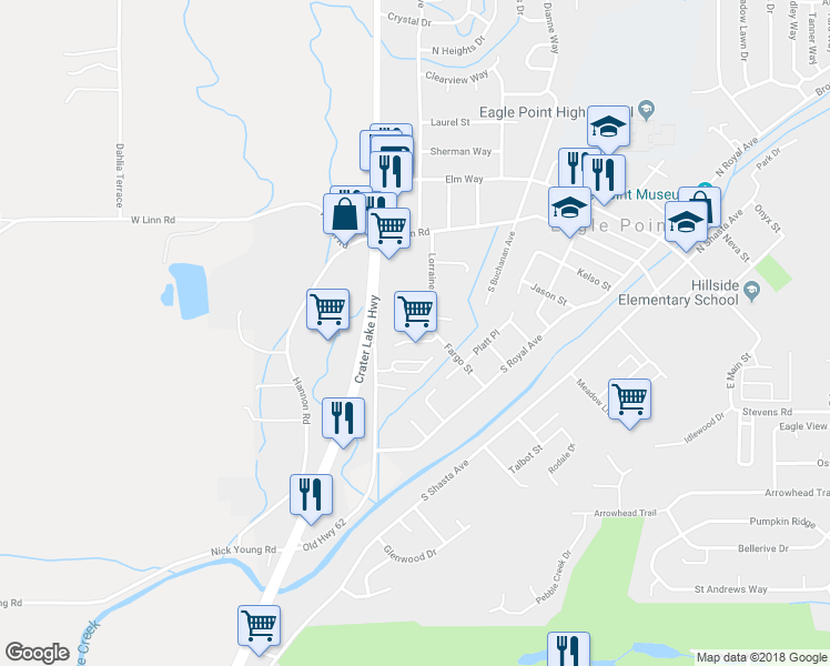 map of restaurants, bars, coffee shops, grocery stores, and more near 120 Cottonwood Drive in Eagle Point