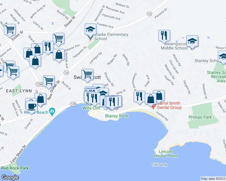 map of restaurants, bars, coffee shops, grocery stores, and more near 79 Redington Street in Swampscott