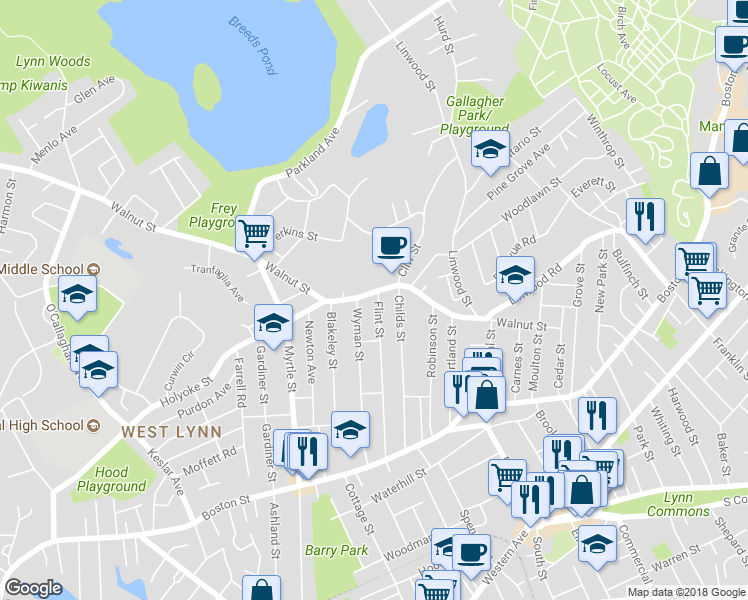 map of restaurants, bars, coffee shops, grocery stores, and more near 180 Walnut Street in Lynn