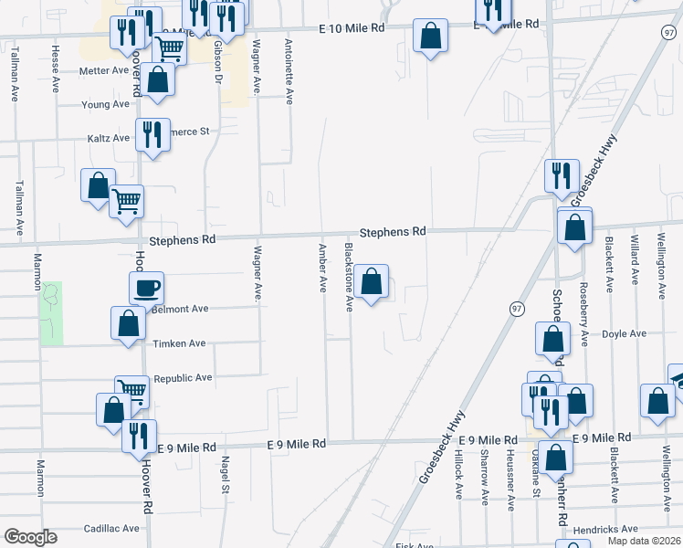 map of restaurants, bars, coffee shops, grocery stores, and more near 23901 Blackstone Avenue in Warren