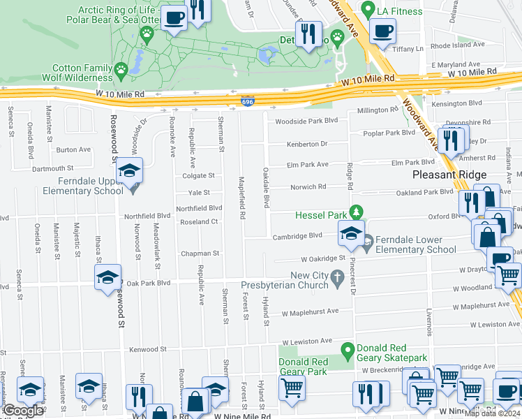 map of restaurants, bars, coffee shops, grocery stores, and more near 78 Oakdale Boulevard in Pleasant Ridge