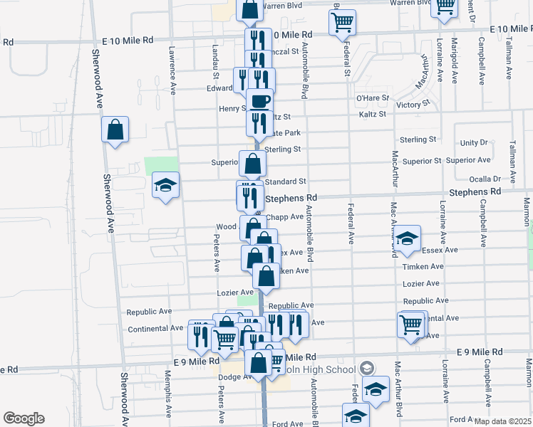 map of restaurants, bars, coffee shops, grocery stores, and more near 23810 Van Dyke Avenue in Warren