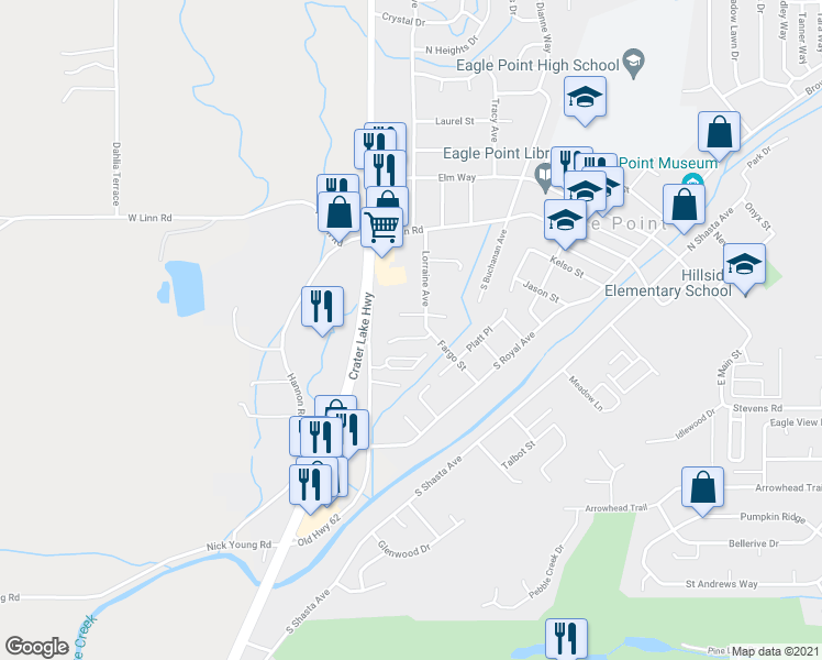 map of restaurants, bars, coffee shops, grocery stores, and more near 116 Cottonwood Drive in Eagle Point