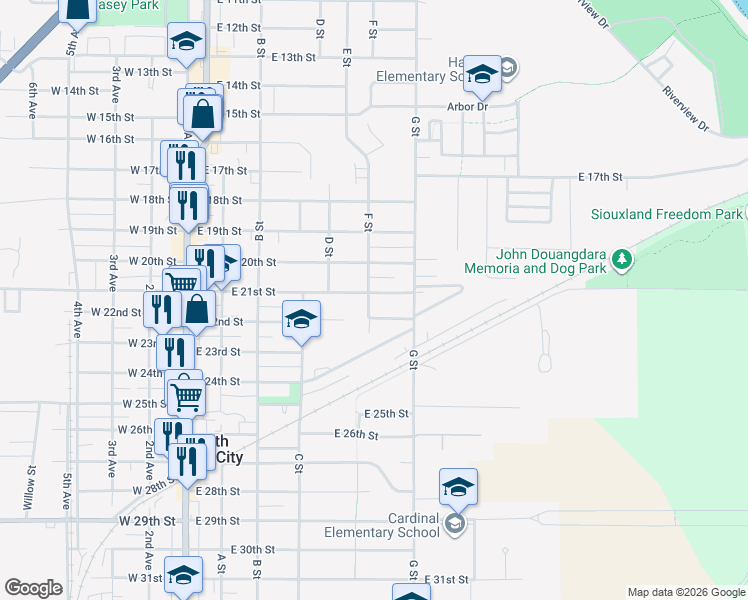 map of restaurants, bars, coffee shops, grocery stores, and more near 2101-2199 F Street in South Sioux City
