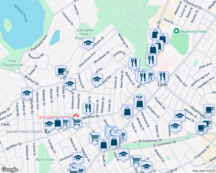 map of restaurants, bars, coffee shops, grocery stores, and more near 19 Salem Street in Lynn
