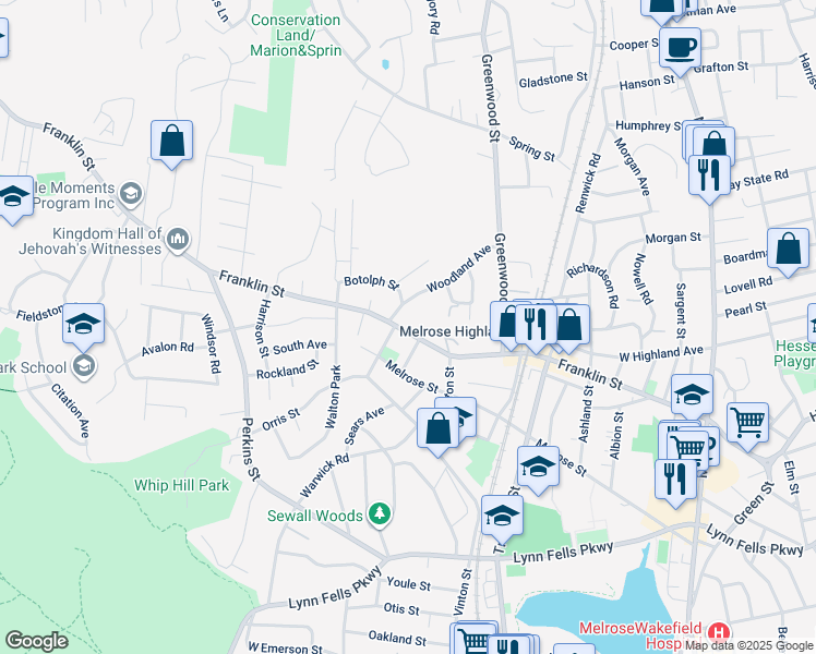 map of restaurants, bars, coffee shops, grocery stores, and more near 811 Franklin Street in Melrose