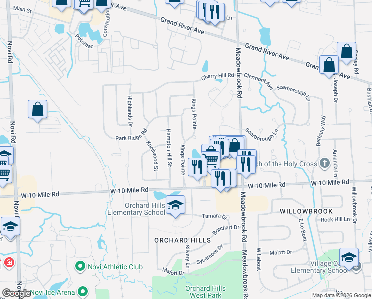 map of restaurants, bars, coffee shops, grocery stores, and more near 24372 Kings Pointe in Novi