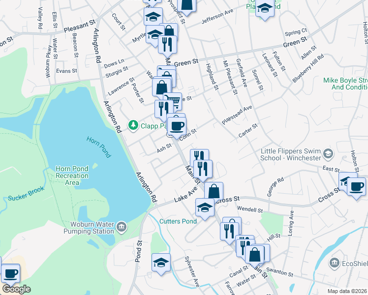 map of restaurants, bars, coffee shops, grocery stores, and more near 2 Vining Court in Woburn