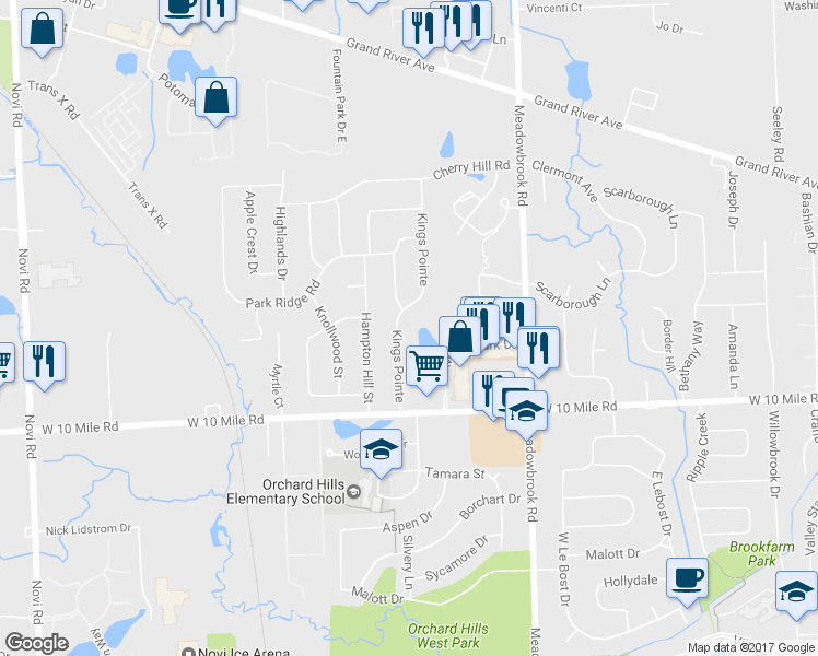 map of restaurants, bars, coffee shops, grocery stores, and more near 24372 Kings Pointe in Novi