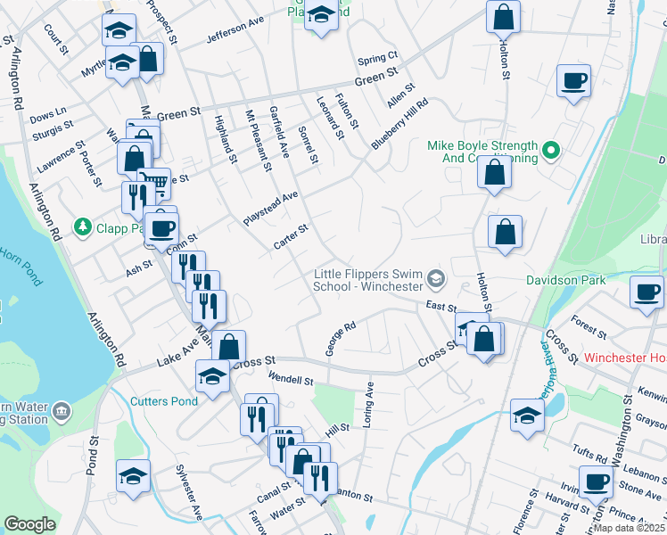map of restaurants, bars, coffee shops, grocery stores, and more near 17 Belmont Street in Woburn