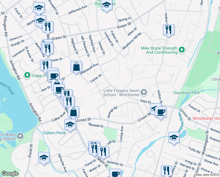 map of restaurants, bars, coffee shops, grocery stores, and more near 17 Belmont Street in Woburn
