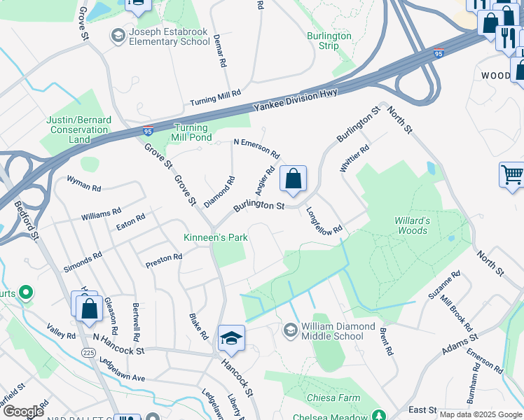 map of restaurants, bars, coffee shops, grocery stores, and more near 103 Burlington Street in Lexington