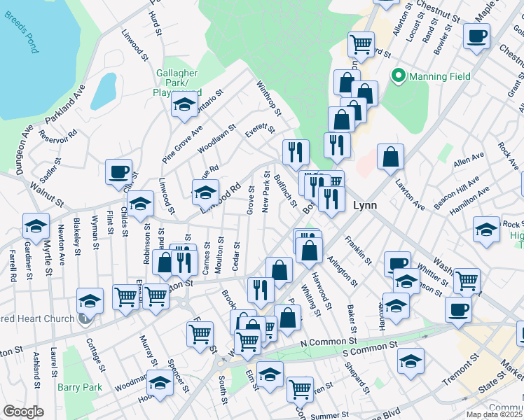 map of restaurants, bars, coffee shops, grocery stores, and more near 64 New Park Street in Lynn