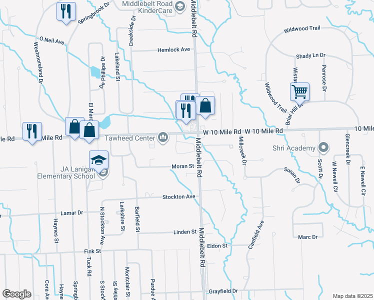 map of restaurants, bars, coffee shops, grocery stores, and more near 23944 Noble Drive in Farmington Hills