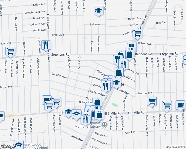 map of restaurants, bars, coffee shops, grocery stores, and more near 15705 Deerfield Avenue in Eastpointe