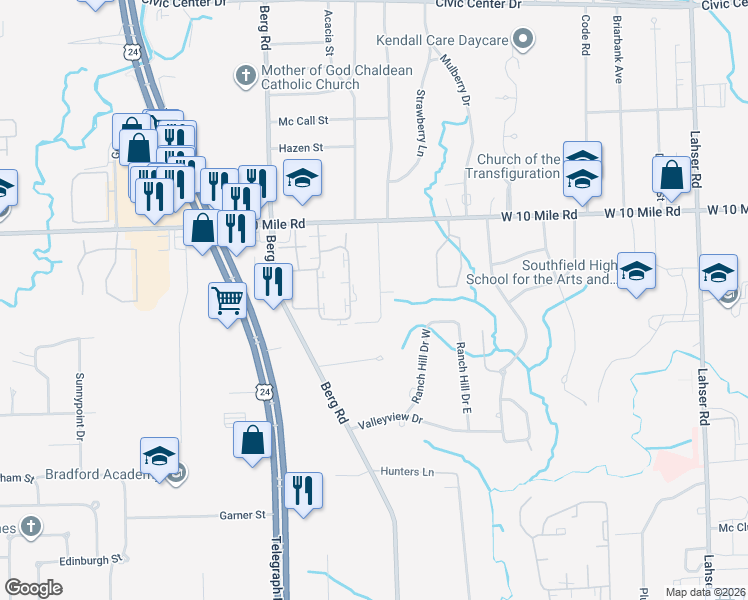 map of restaurants, bars, coffee shops, grocery stores, and more near 24654 River Heights Street in Southfield
