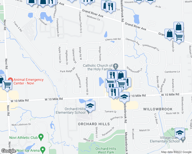 map of restaurants, bars, coffee shops, grocery stores, and more near 24372 Kings Pointe in Novi