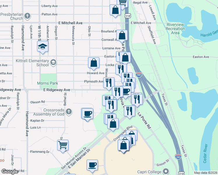 map of restaurants, bars, coffee shops, grocery stores, and more near 1901 East Ridgeway Avenue in Waterloo